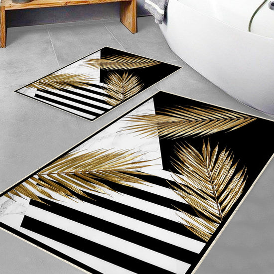 Golden Floral Black White Bathroom Rug, Geometic Non Slip Quick Dry Bath Mat - Geometric Toilet Mat, Soft Washable Modern Decor
