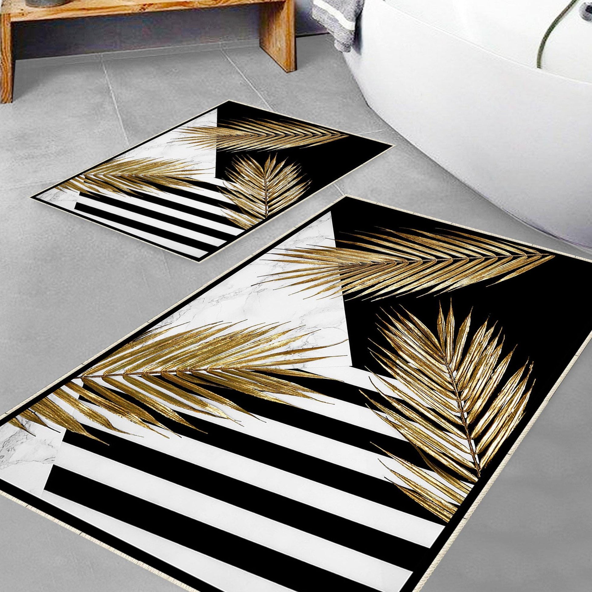 Golden Floral Black White Bathroom Rug, Geometic Non Slip Quick Dry Bath Mat - Geometric Toilet Mat, Soft Washable Modern Decor