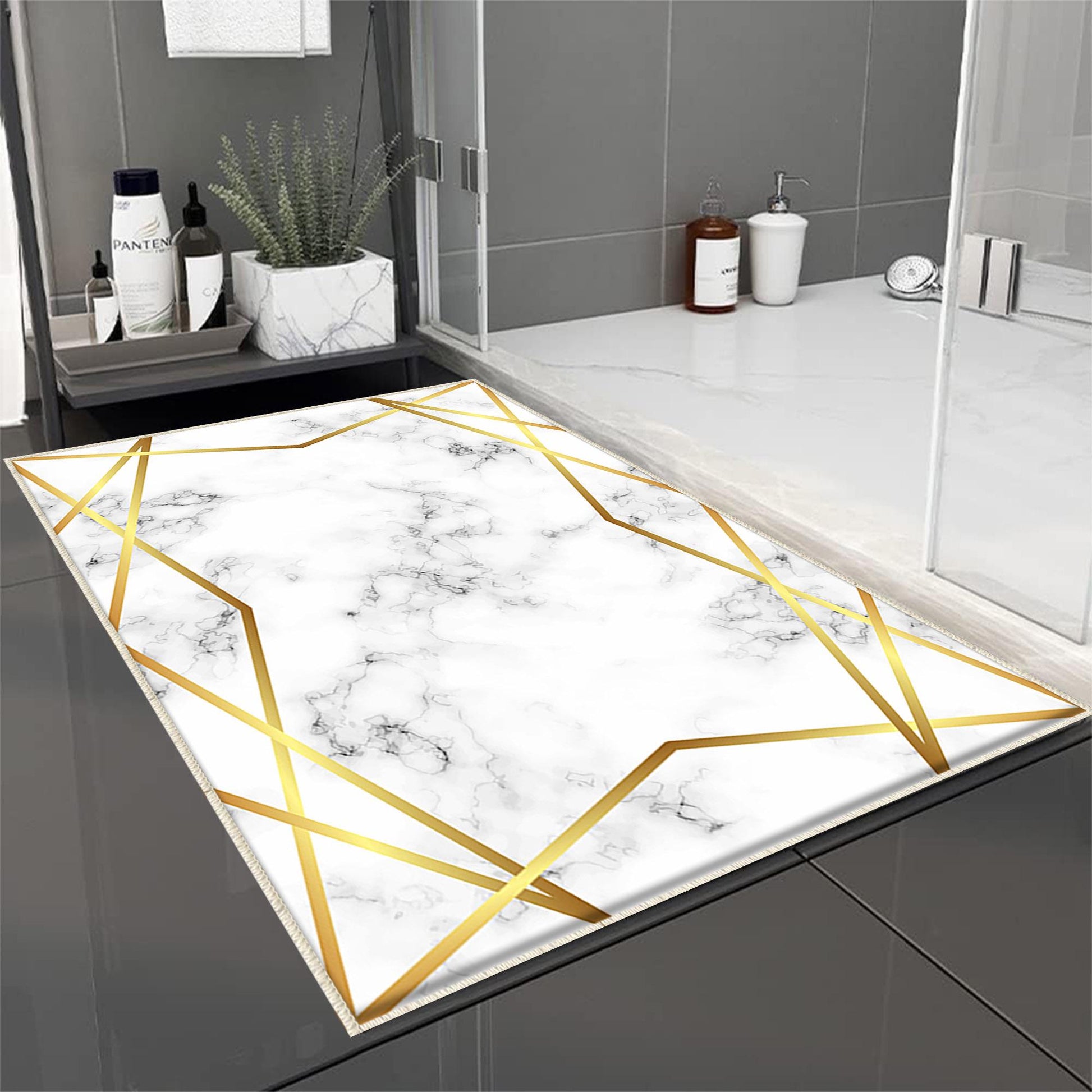 Golden Lines Marble Bathroom Rug Non Slip Quick Dry Bath Mat Geometric Washable Soft Modern Toilet Mat with Border Lines