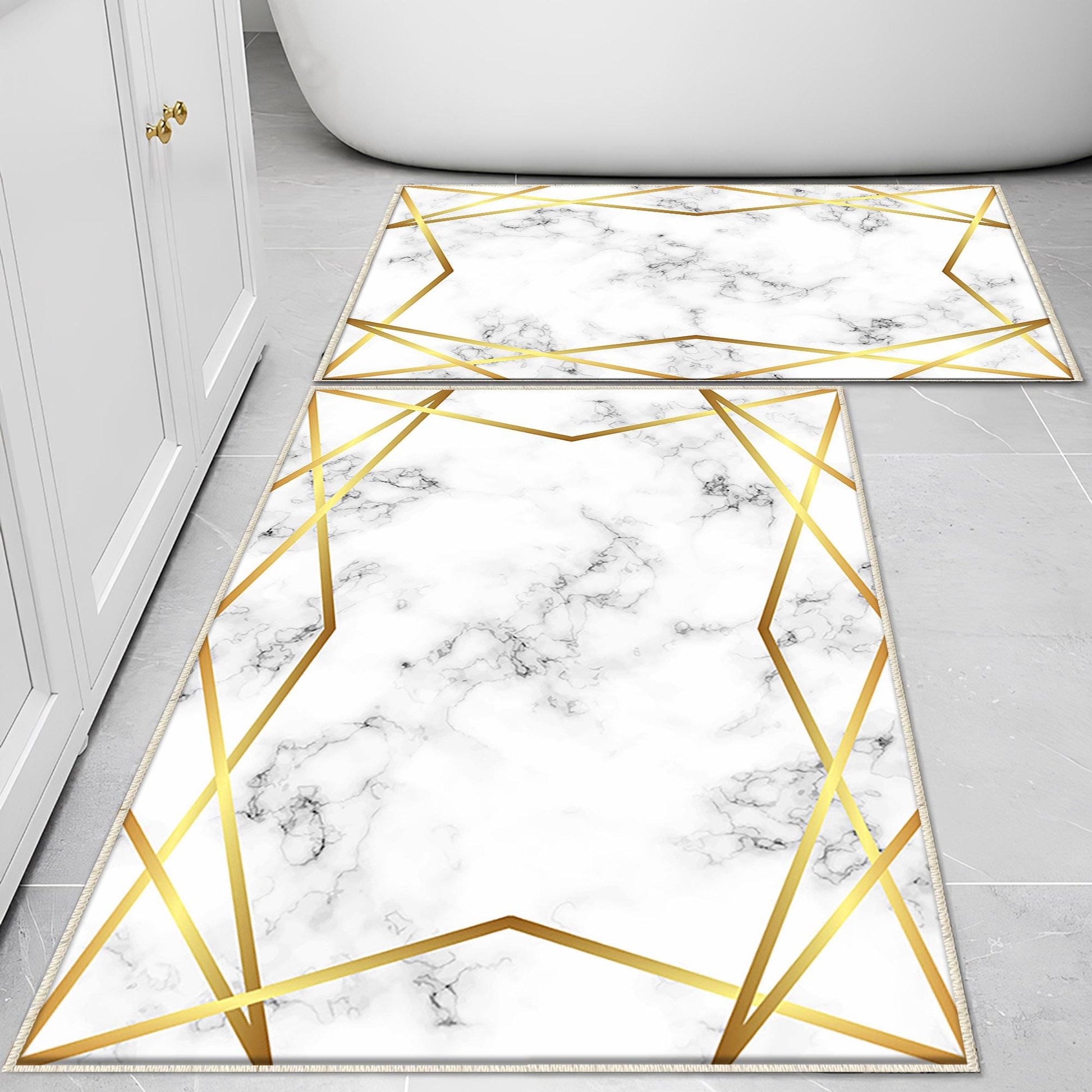 Golden Lines Marble Bathroom Rug Non Slip Quick Dry Bath Mat Geometric Washable Soft Modern Toilet Mat with Border Lines