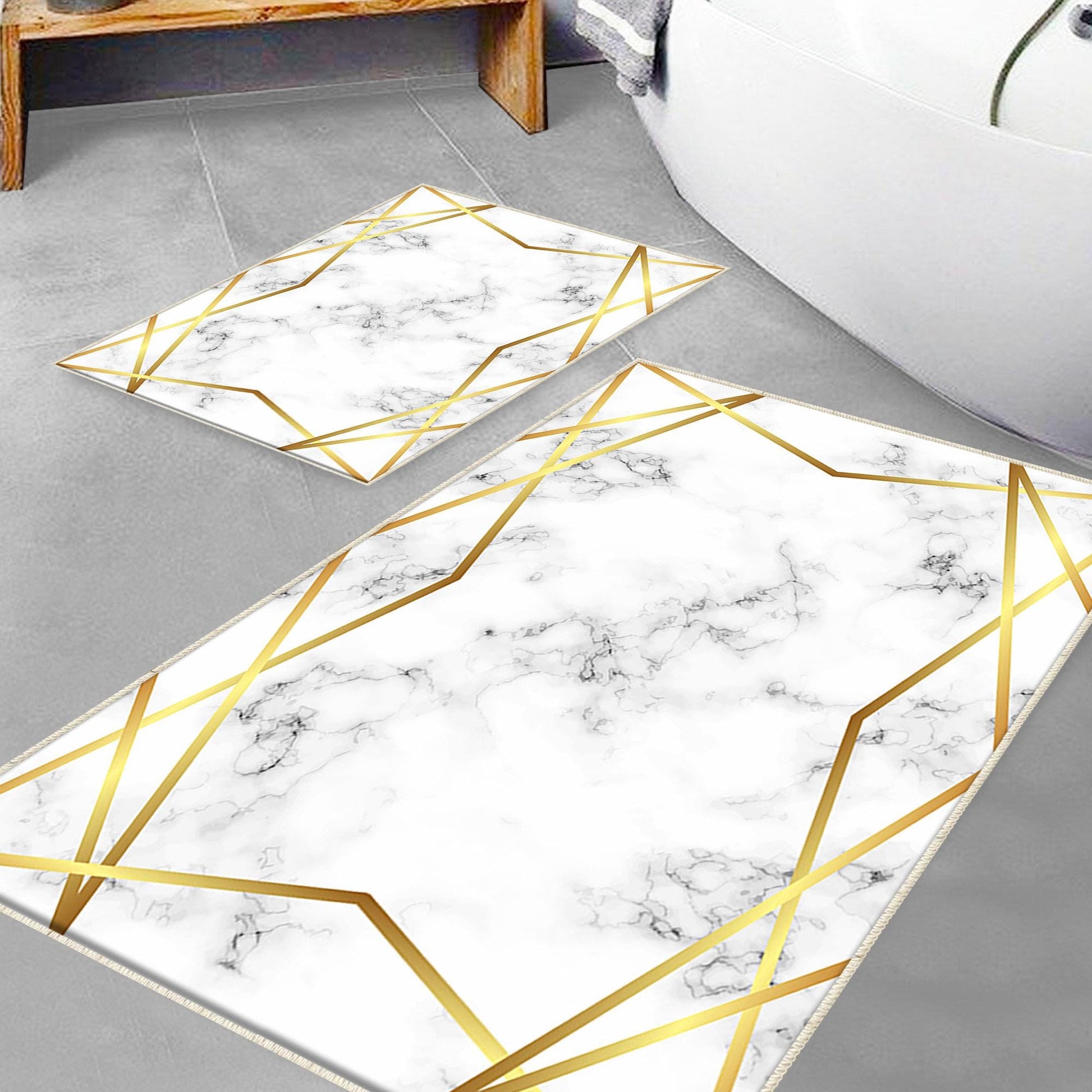 Golden Lines Marble Bathroom Rug Non Slip Quick Dry Bath Mat Geometric Washable Soft Modern Toilet Mat with Border Lines