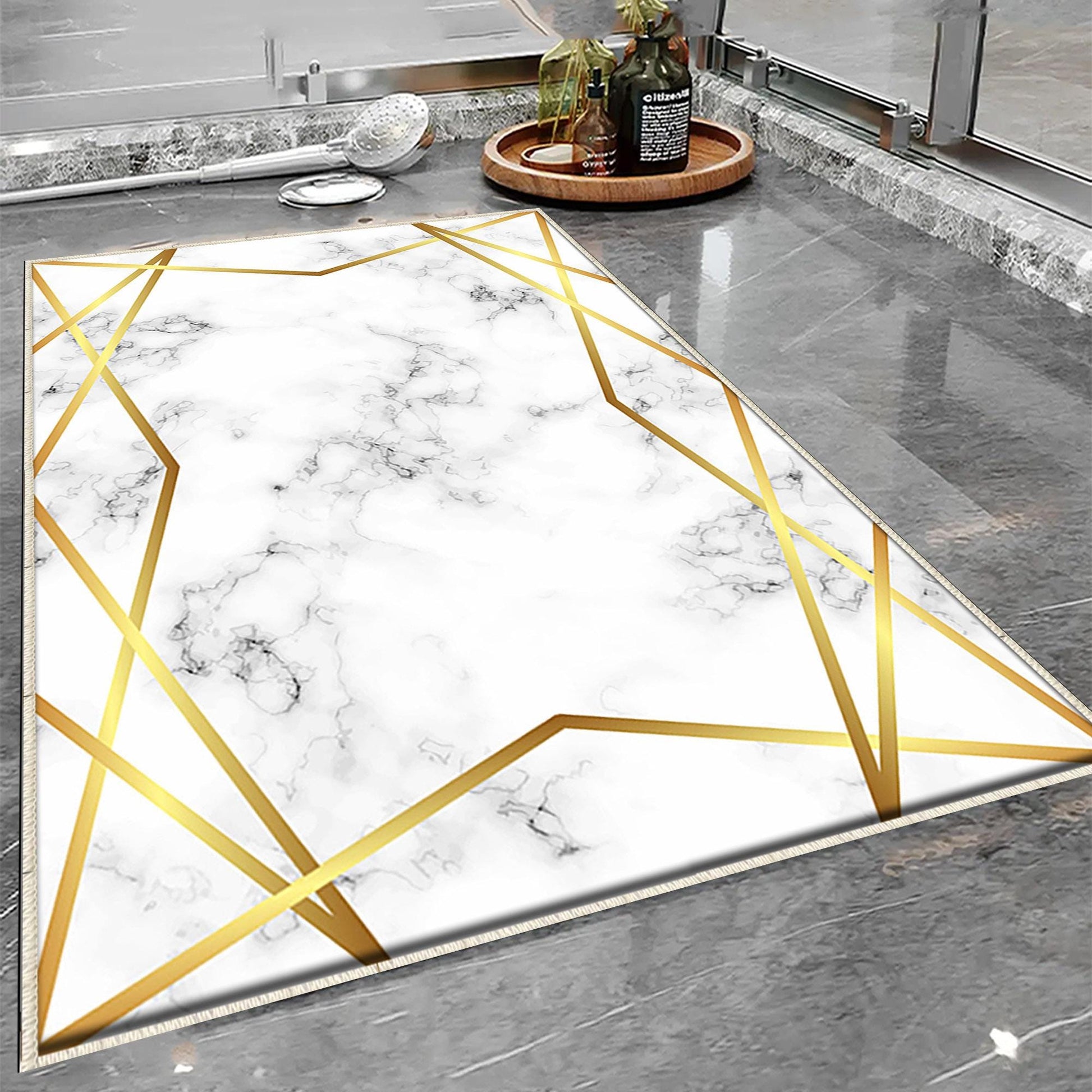 Golden Lines Marble Bathroom Rug Non Slip Quick Dry Bath Mat Geometric Washable Soft Modern Toilet Mat with Border Lines
