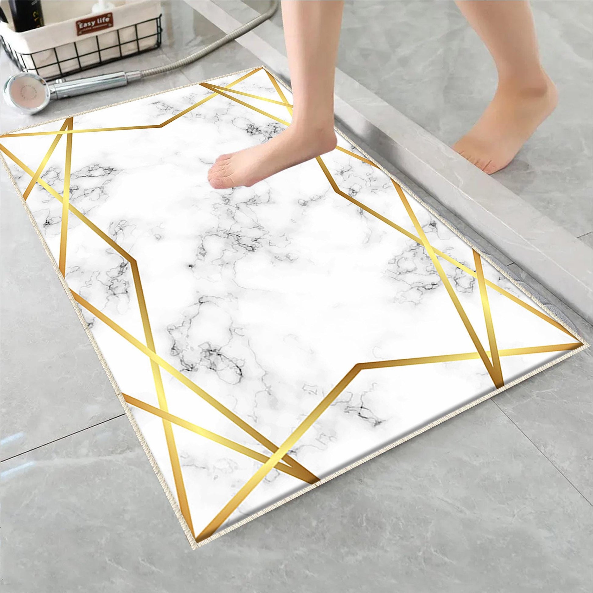 Golden Lines Marble Bathroom Rug Non Slip Quick Dry Bath Mat Geometric Washable Soft Modern Toilet Mat with Border Lines