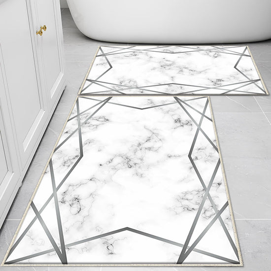 Gray White Silver Lines Marble Bathroom Rug Non Slip Quick Dry Bath Mat Geometric Washable Soft Modern Toilet Mat with Border Lines