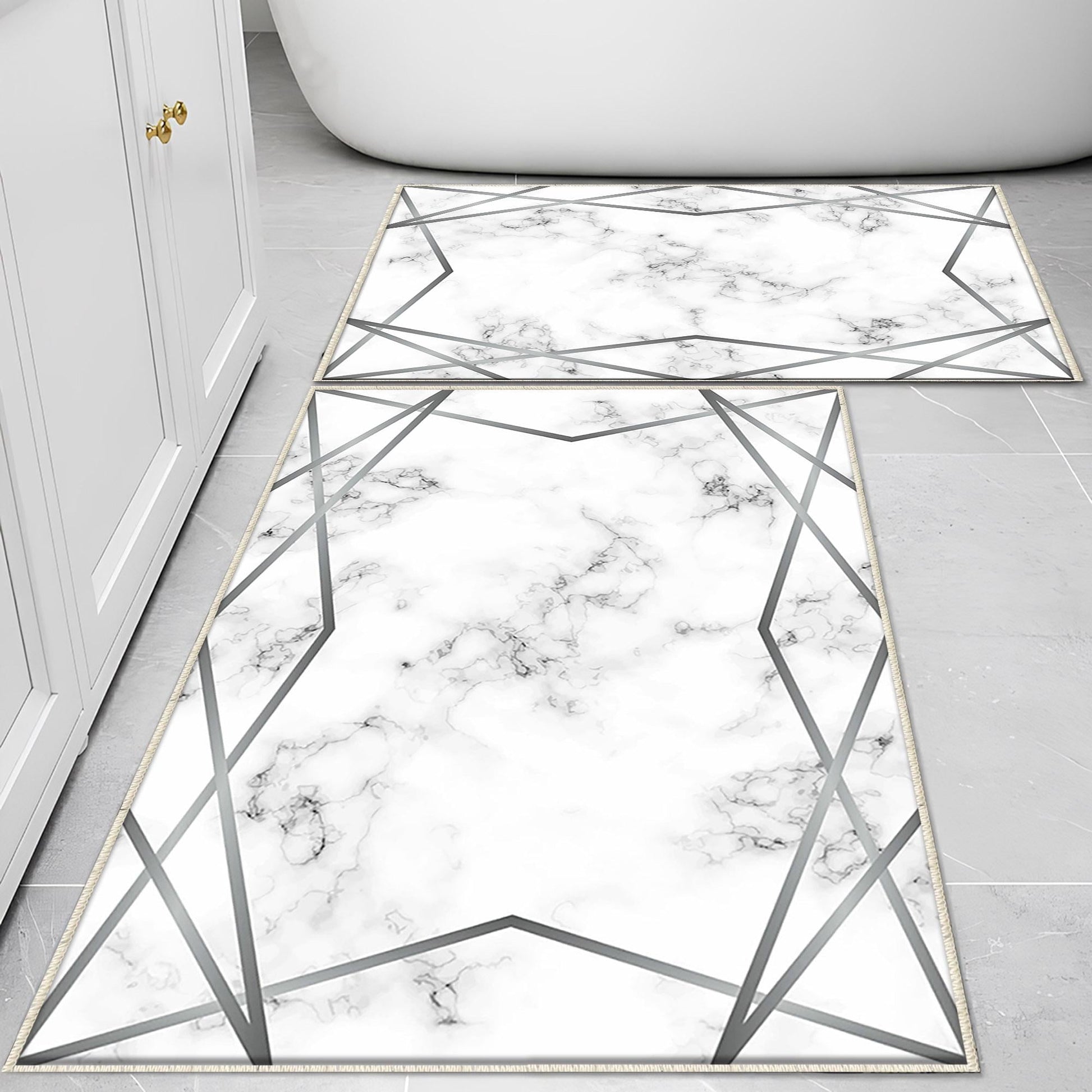 Gray White Silver Lines Marble Bathroom Rug Non Slip Quick Dry Bath Mat Geometric Washable Soft Modern Toilet Mat with Border Lines