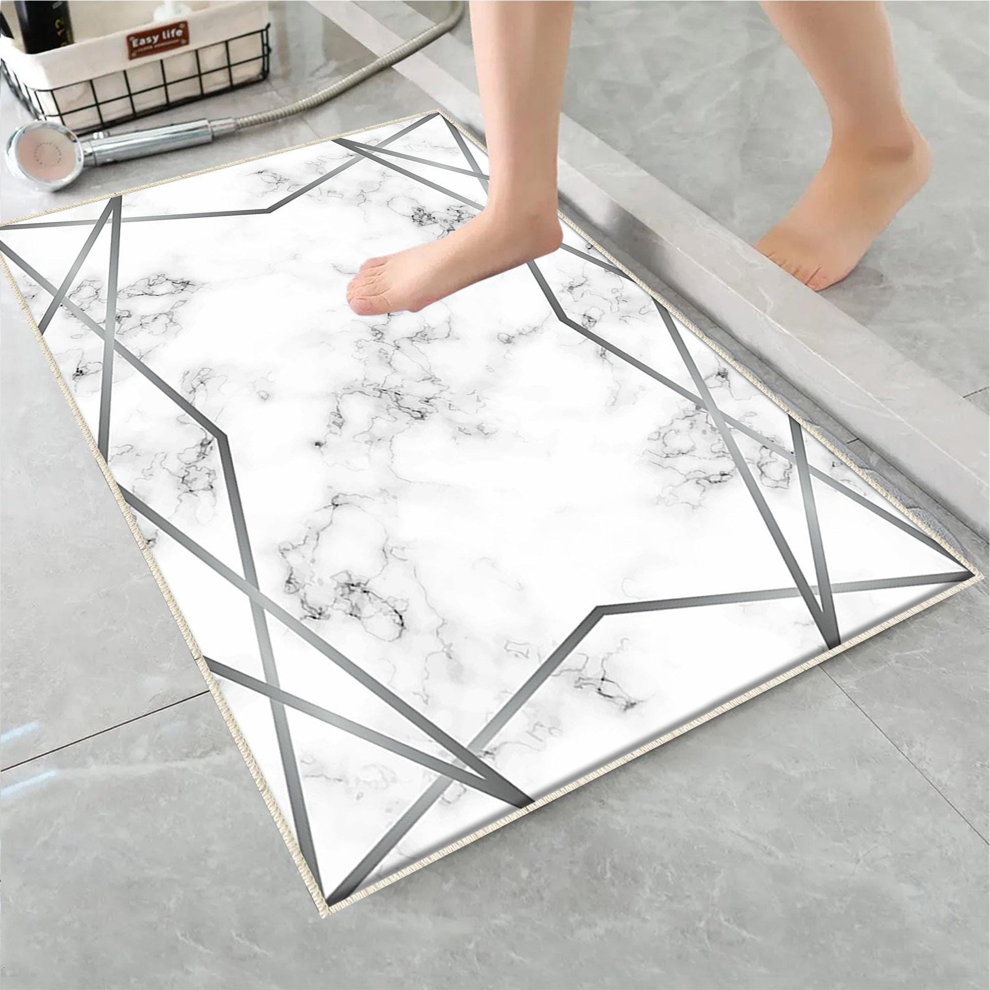 Gray White Silver Lines Marble Bathroom Rug Non Slip Quick Dry Bath Mat Geometric Washable Soft Modern Toilet Mat with Border Lines