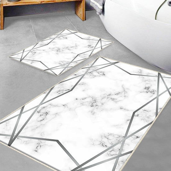 Gray White Silver Lines Marble Bathroom Rug Non Slip Quick Dry Bath Mat Geometric Washable Soft Modern Toilet Mat with Border Lines