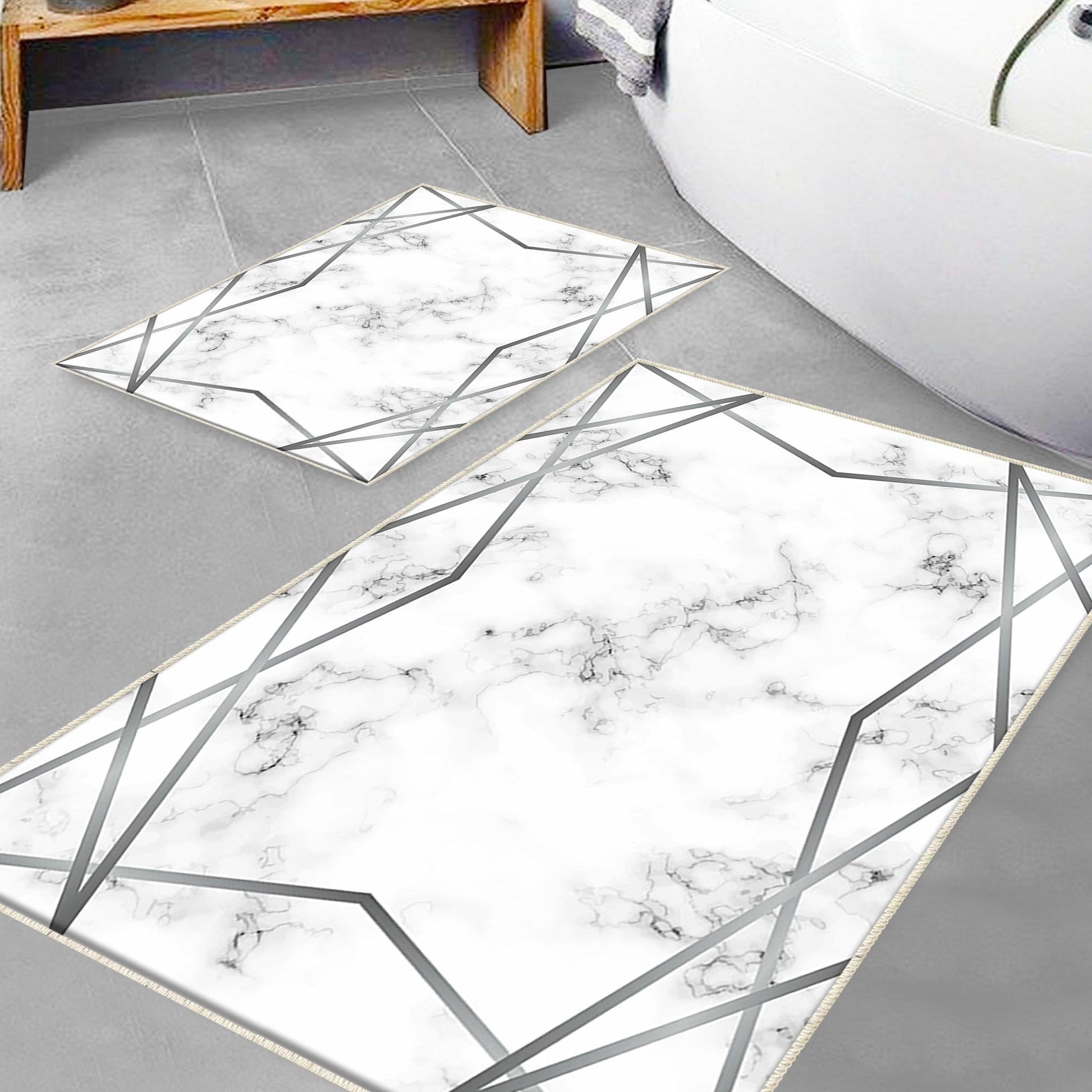 Gray White Silver Lines Marble Bathroom Rug Non Slip Quick Dry Bath Mat Geometric Washable Soft Modern Toilet Mat with Border Lines