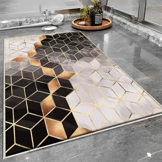 Golden Black Gray Cubes Marble Bathroom Rug Non Slip Quick Dry Bath Mat Geometric Washable Soft Modern Toilet Mat