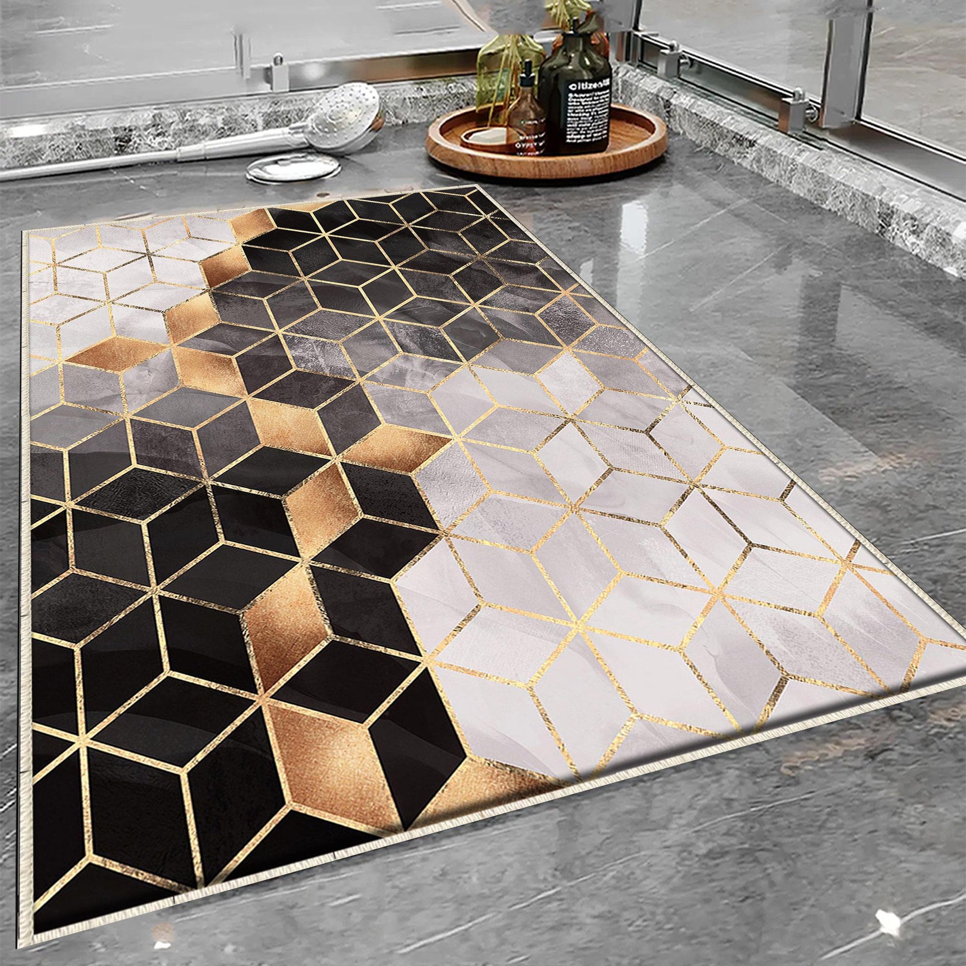 Golden Black Gray Cubes Marble Bathroom Rug Non Slip Quick Dry Bath Mat Geometric Washable Soft Modern Toilet Mat