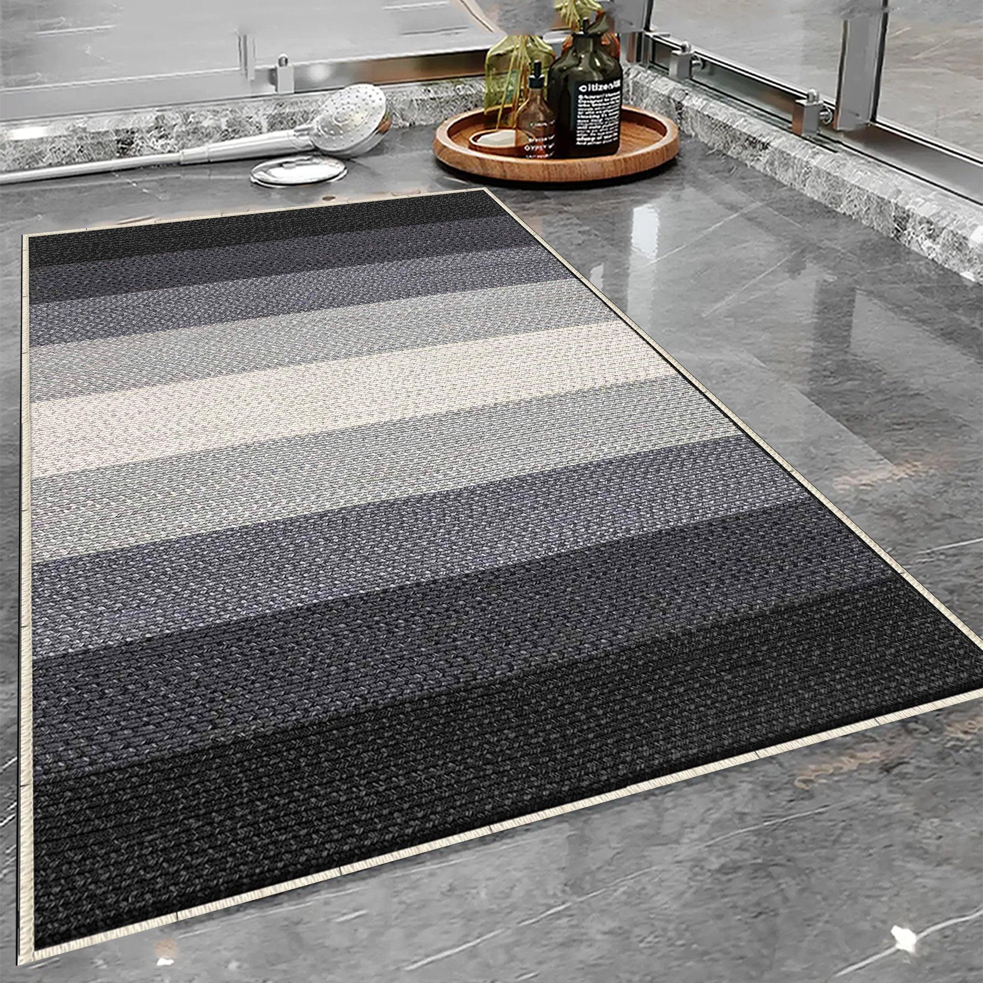 Gray Cream Black Border Bathroom Rug Non Slip Quick Dry Bath Mat Geometric Washable Soft Modern Toilet Mat