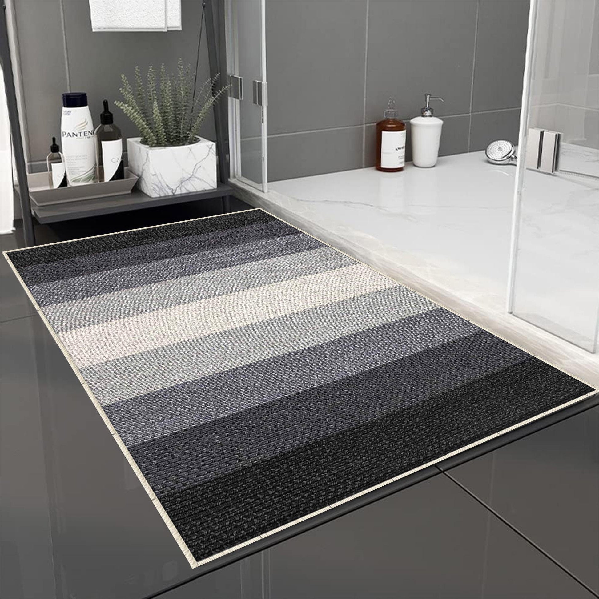 Gray Cream Black Border Bathroom Rug Non Slip Quick Dry Bath Mat Geometric Washable Soft Modern Toilet Mat