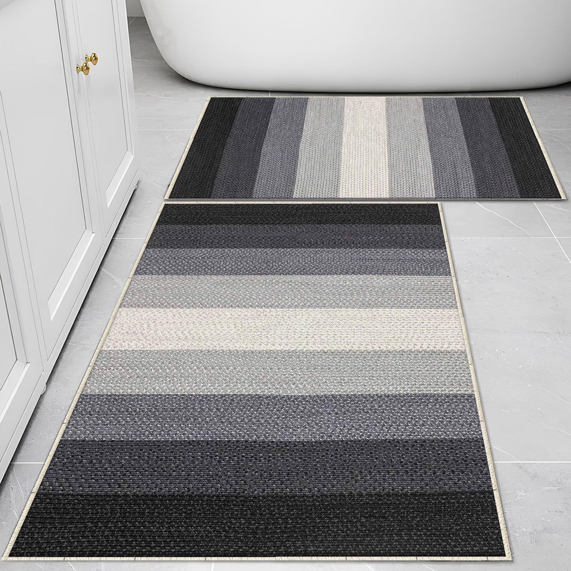Gray Cream Black Border Bathroom Rug Non Slip Quick Dry Bath Mat Geometric Washable Soft Modern Toilet Mat