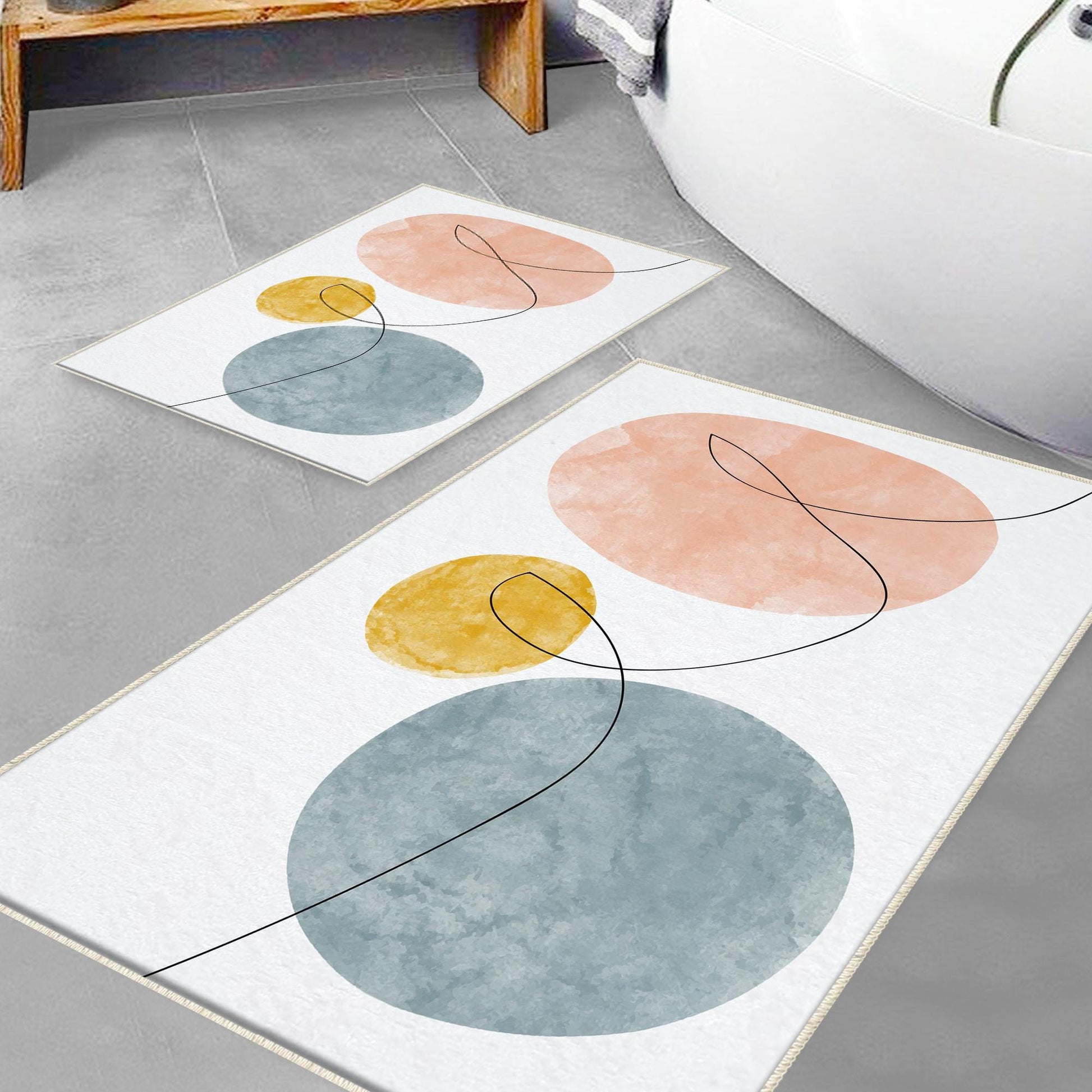 Pink Blue Yellow Black Lines Geometric Minimal Bathroom Rug, Non Slip Quick Dry Bath Mat, Washable Soft Modern Toilet Mat