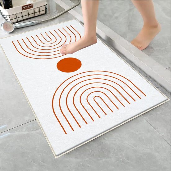 White Orange Minimal Geometric Bathroom Rug, Non Slip Quick Dry Bath Mat, Washable Soft Modern Toilet Mat
