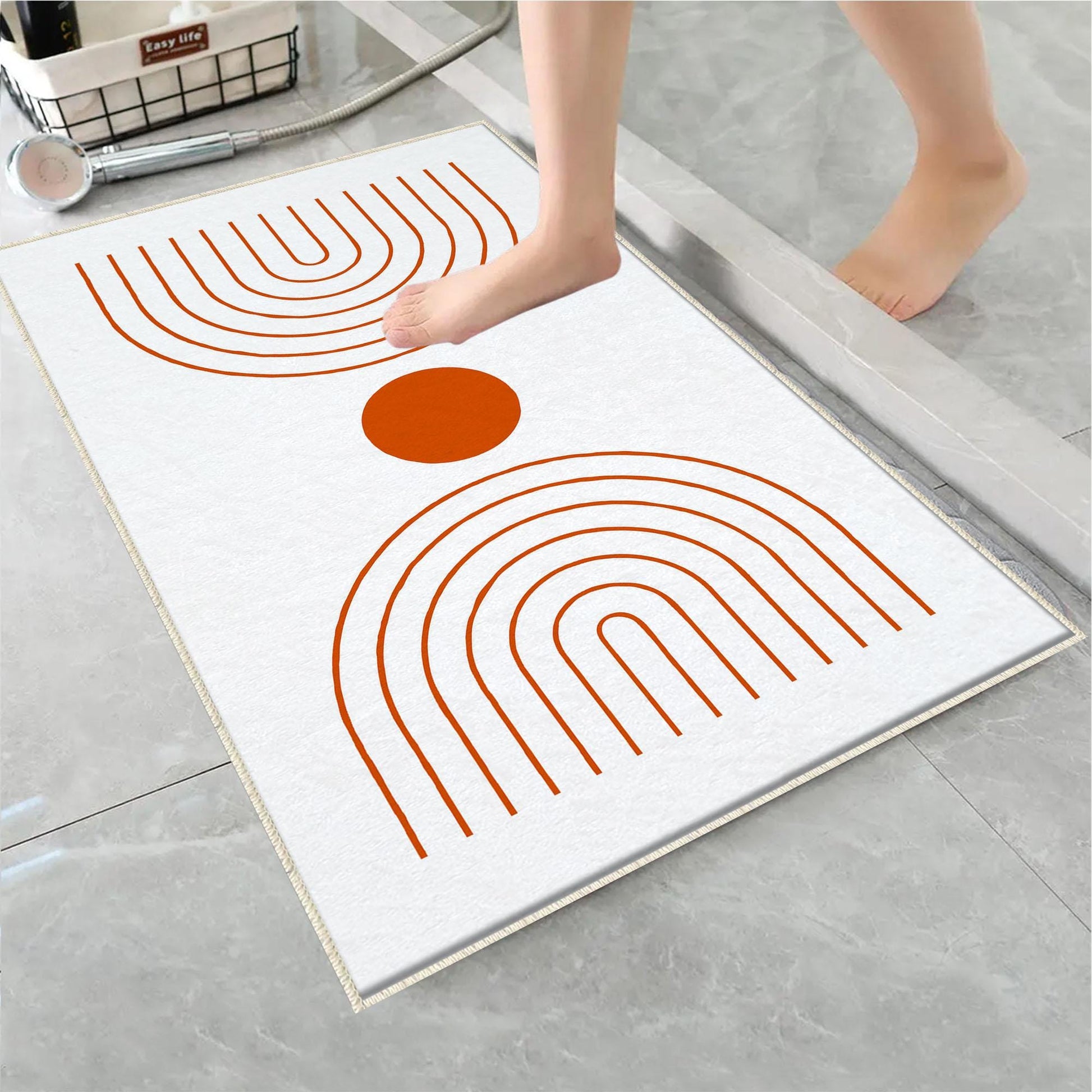White Orange Minimal Geometric Bathroom Rug, Non Slip Quick Dry Bath Mat, Washable Soft Modern Toilet Mat