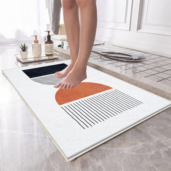White Black Orange Minimal Geometric Bathroom Rug, Non Slip Quick Dry Bath Mat, Washable Soft Modern Toilet Mat