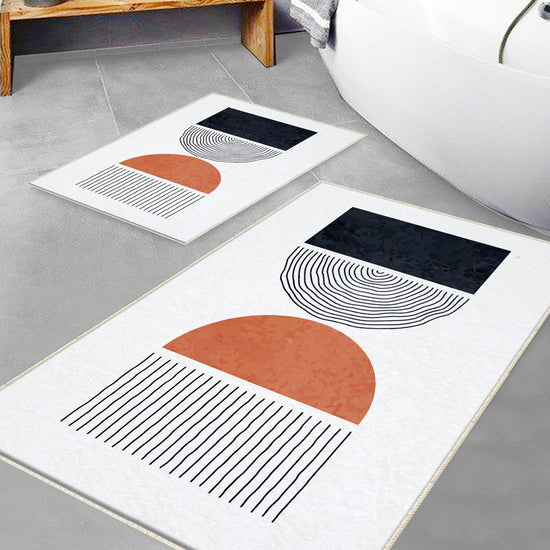 White Black Orange Minimal Geometric Bathroom Rug, Non Slip Quick Dry Bath Mat, Washable Soft Modern Toilet Mat