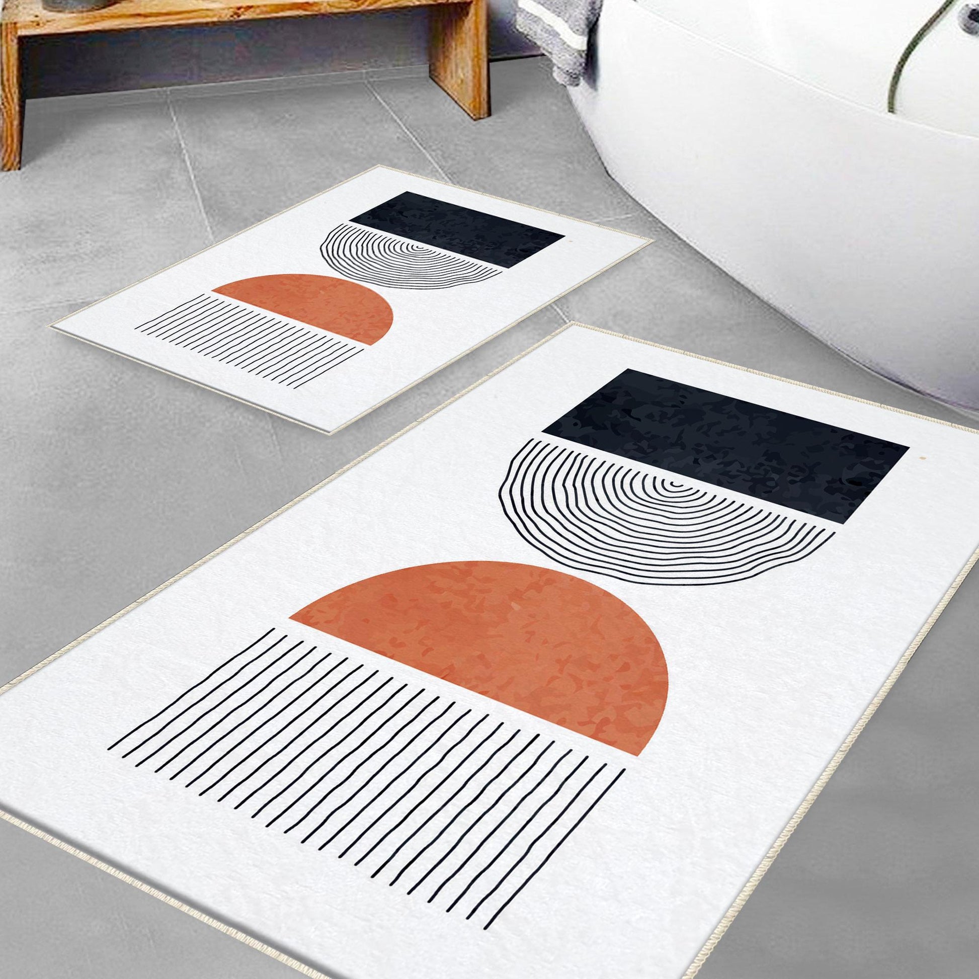 White Black Orange Minimal Geometric Bathroom Rug, Non Slip Quick Dry Bath Mat, Washable Soft Modern Toilet Mat