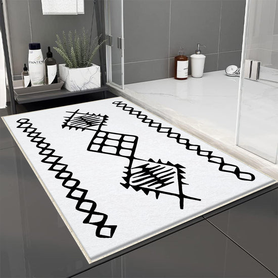 Black White Aztec Tribal Boho Geometric Bathroom Rug, Non Slip Quick Dry Bath Mat, Washable Soft Modern Toilet Mat