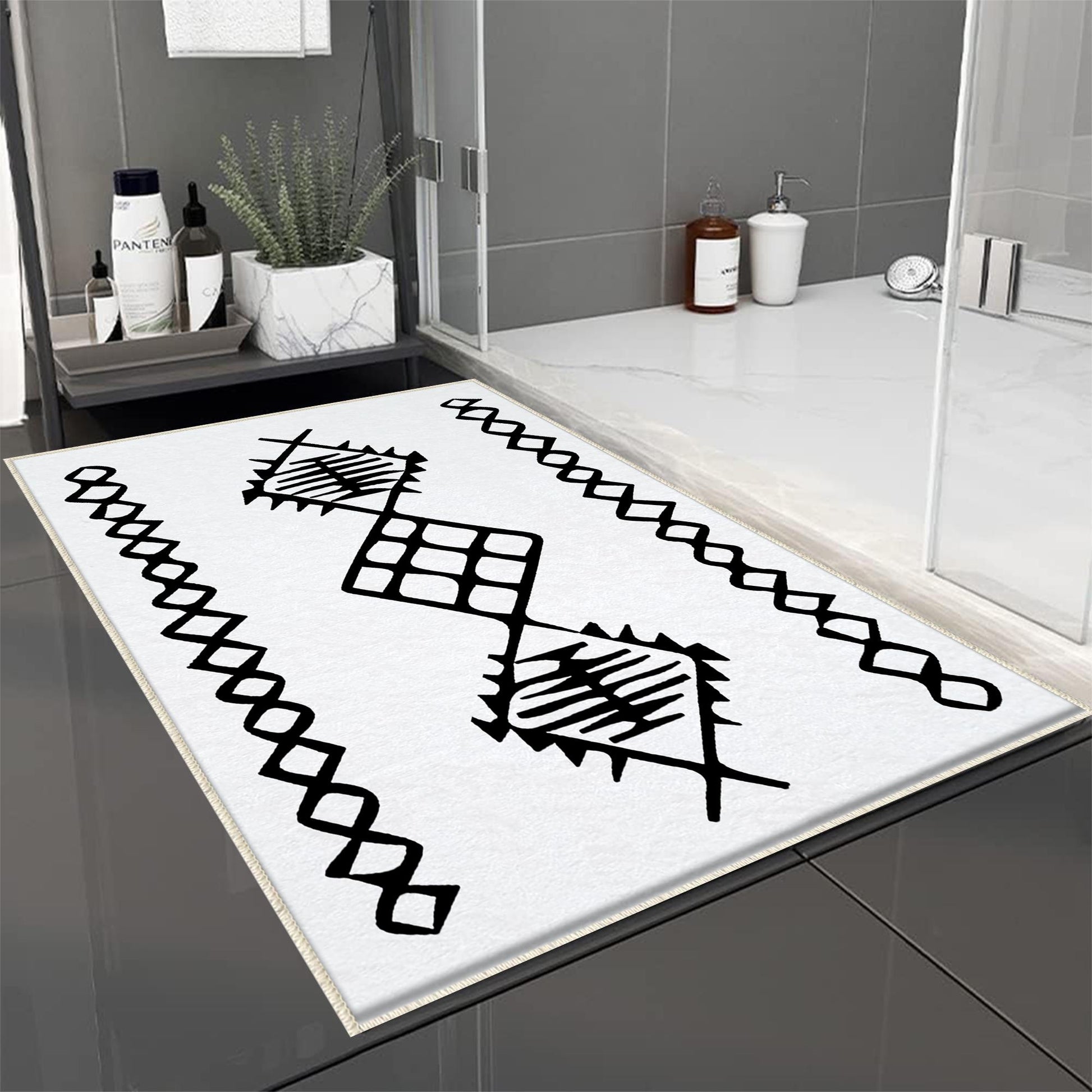 Black White Aztec Tribal Boho Geometric Bathroom Rug, Non Slip Quick Dry Bath Mat, Washable Soft Modern Toilet Mat