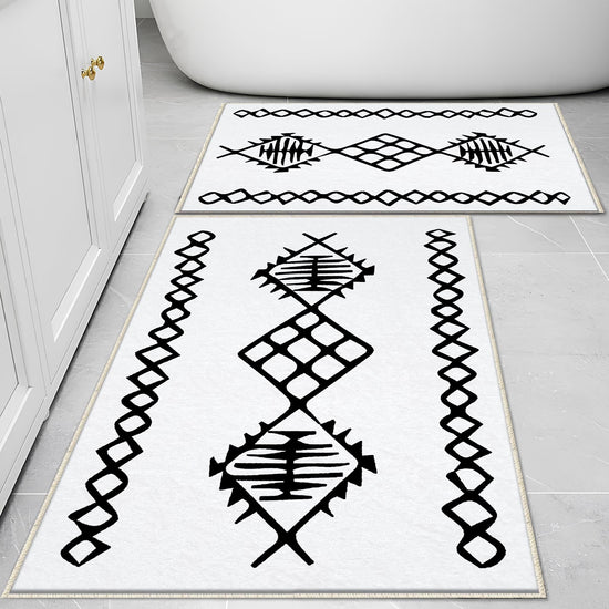 Black White Aztec Tribal Boho Geometric Bathroom Rug, Non Slip Quick Dry Bath Mat, Washable Soft Modern Toilet Mat