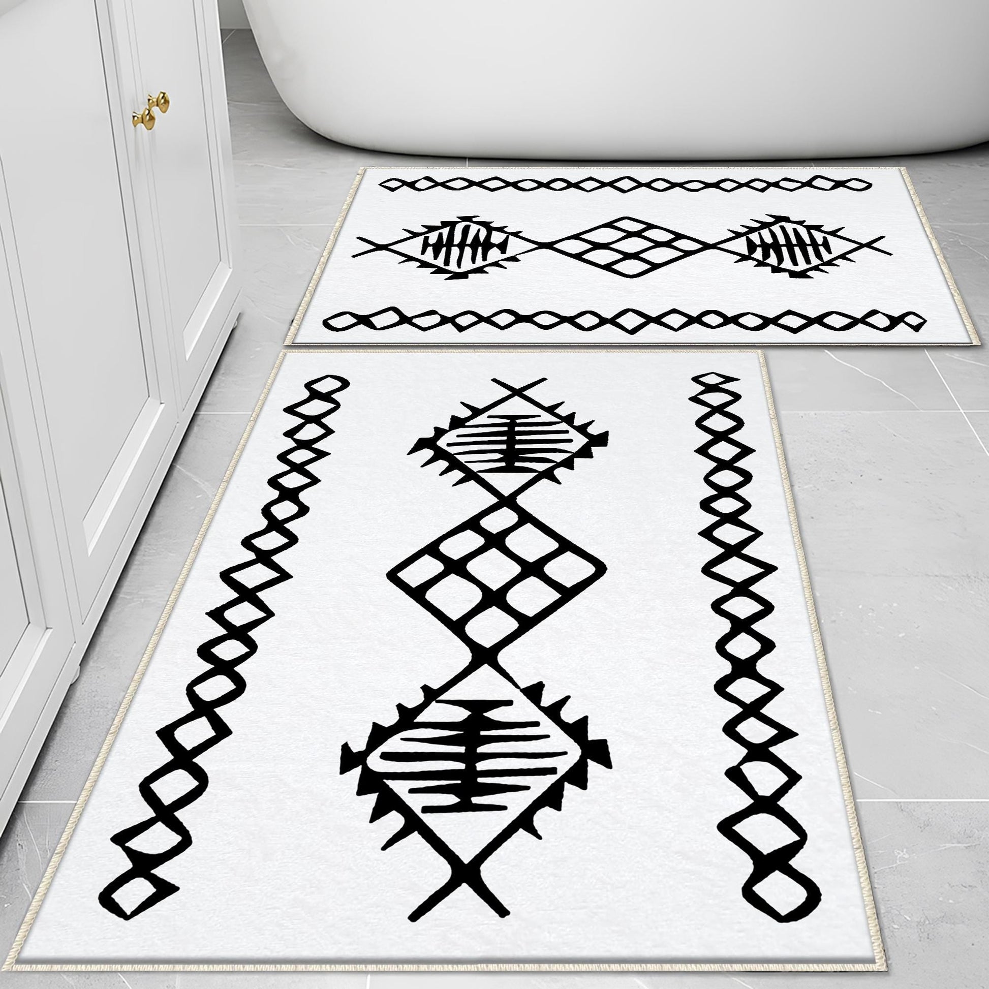 Black White Aztec Tribal Boho Geometric Bathroom Rug, Non Slip Quick Dry Bath Mat, Washable Soft Modern Toilet Mat
