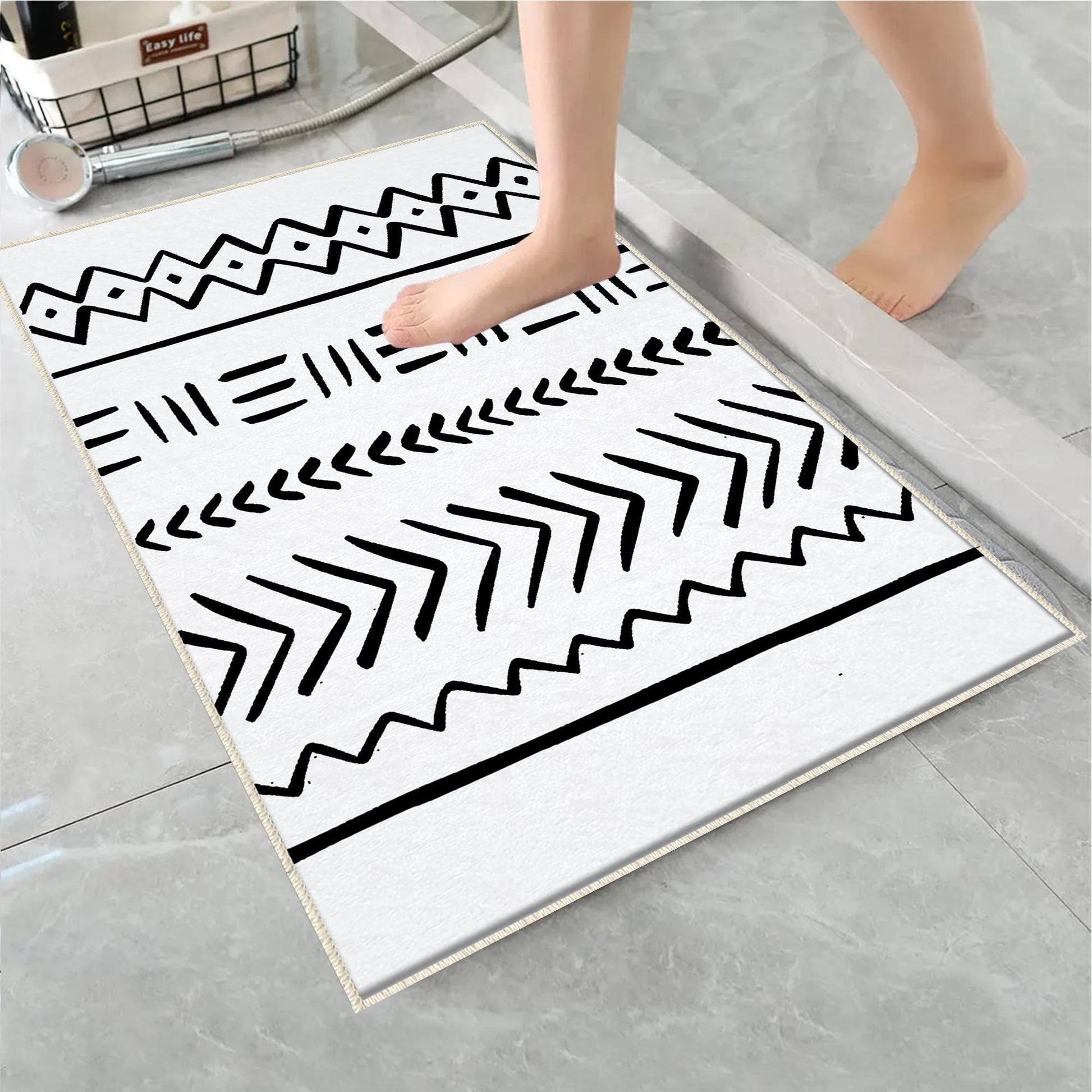 Black White Aztec Tribal Boho Geometric Bathroom Rug, Non Slip Quick Dry Bath Mat, Washable Soft Modern Toilet Mat