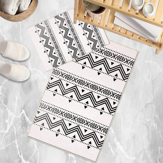 Black White Aztec Tribal Boho Geometric Bathroom Rug, Non Slip Quick Dry Bath Mat, Washable Soft Modern Toilet Mat