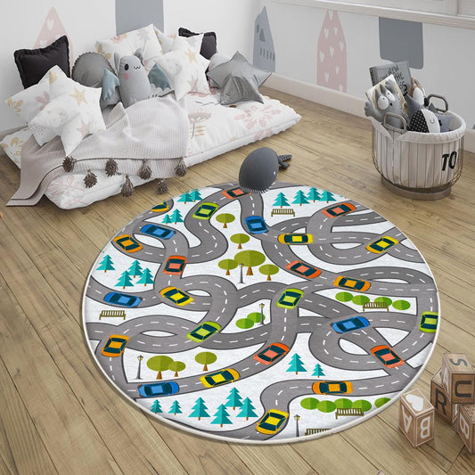 Round City Road Kids Play Mat|Car Road Nursery Rug|Traffic Activity Rug|Anti-Slip Toddler Rug|Washable Playroom Carpet with pillow case gift