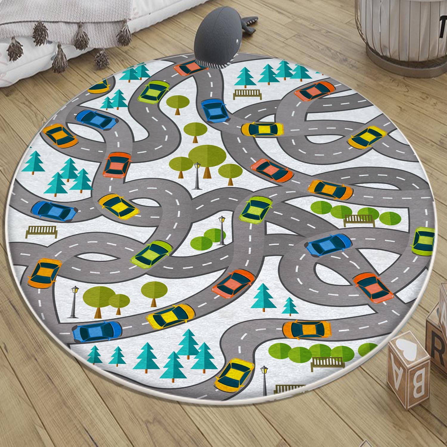 Round City Road Kids Play Mat|Car Road Nursery Rug|Traffic Activity Rug|Anti-Slip Toddler Rug|Washable Playroom Carpet with pillow case gift