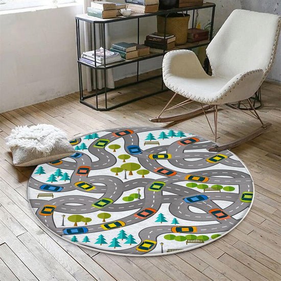 Round City Road Kids Play Mat|Car Road Nursery Rug|Traffic Activity Rug|Anti-Slip Toddler Rug|Washable Playroom Carpet with pillow case gift