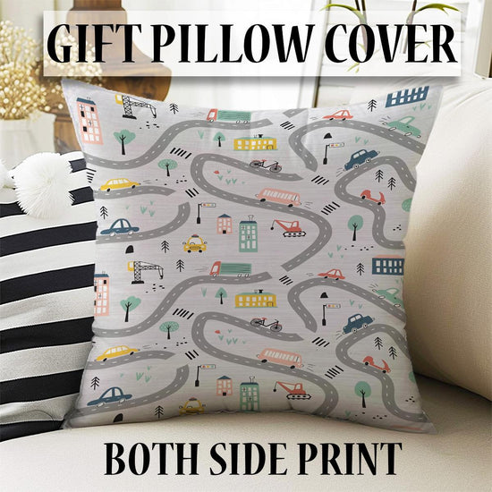 Round City Road Kids Play Mat|Car Road Nursery Rug|Traffic Activity Rug|Anti-Slip Toddler Rug|Washable Playroom Carpet with pillow case gift