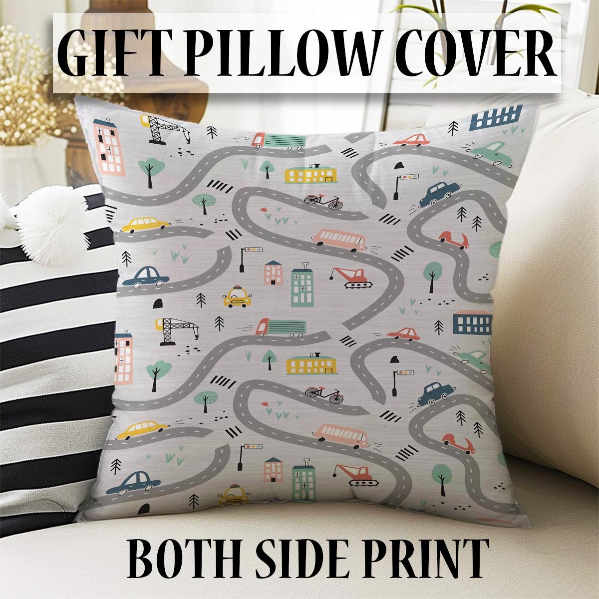 Round City Road Kids Play Mat|Car Road Nursery Rug|Traffic Activity Rug|Anti-Slip Toddler Rug|Washable Playroom Carpet with pillow case gift