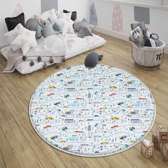Round City Road Kids Play Mat|Car Road Nursery Rug|Traffic Activity Rug|Anti-Slip Toddler Rug|Washable Playroom Carpet with pillow case gift