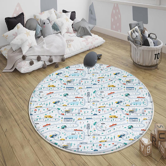 Round City Road Kids Play Mat|Car Road Nursery Rug|Traffic Activity Rug|Anti-Slip Toddler Rug|Washable Playroom Carpet with pillow case gift