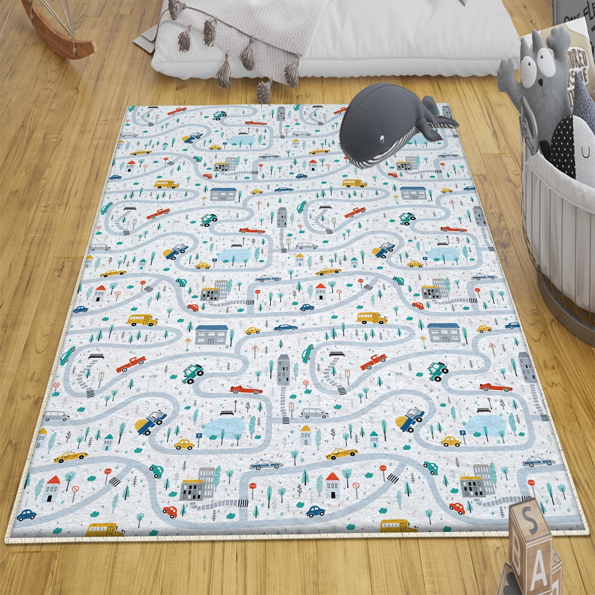 Round City Road Kids Play Mat|Car Road Nursery Rug|Traffic Activity Rug|Anti-Slip Toddler Rug|Washable Playroom Carpet with pillow case gift