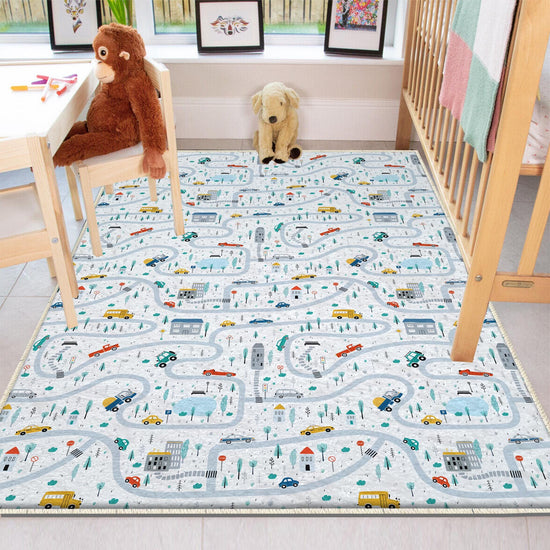 Round City Road Kids Play Mat|Car Road Nursery Rug|Traffic Activity Rug|Anti-Slip Toddler Rug|Washable Playroom Carpet with pillow case gift