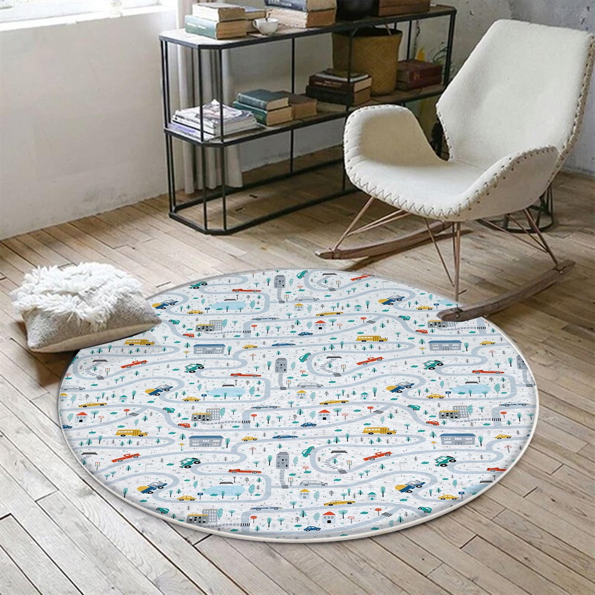 Round City Road Kids Play Mat|Car Road Nursery Rug|Traffic Activity Rug|Anti-Slip Toddler Rug|Washable Playroom Carpet with pillow case gift