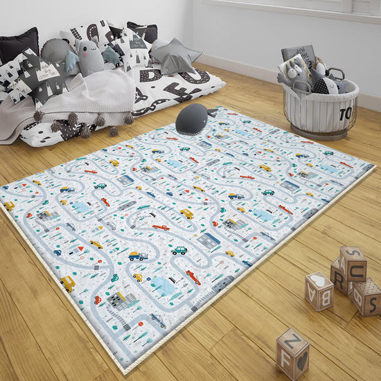 Round City Road Kids Play Mat|Car Road Nursery Rug|Traffic Activity Rug|Anti-Slip Toddler Rug|Washable Playroom Carpet with pillow case gift