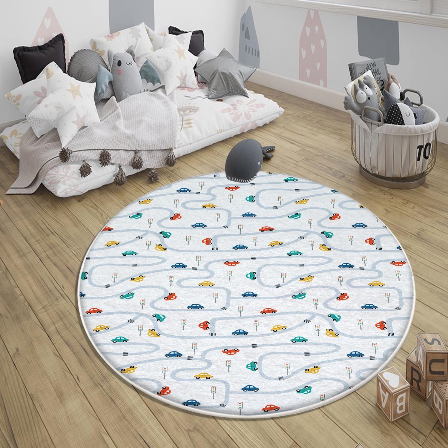 Play Mat for Kids - Round City Road Traffic Rug, Anti-Slip Toddler Nursery Carpet, Washable Playroom Rug with Pillowcase Gift
