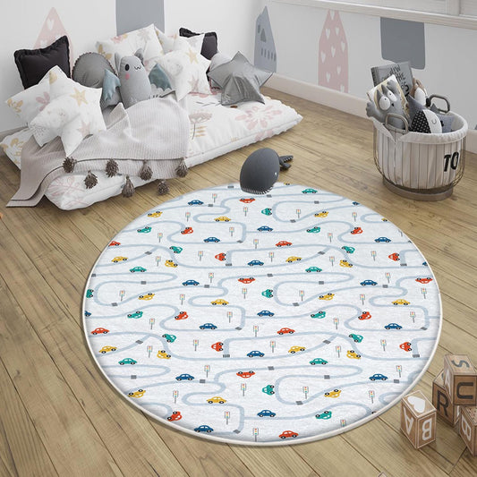 Play Mat for Kids - Round City Road Traffic Rug, Anti-Slip Toddler Nursery Carpet, Washable Playroom Rug with Pillowcase Gift