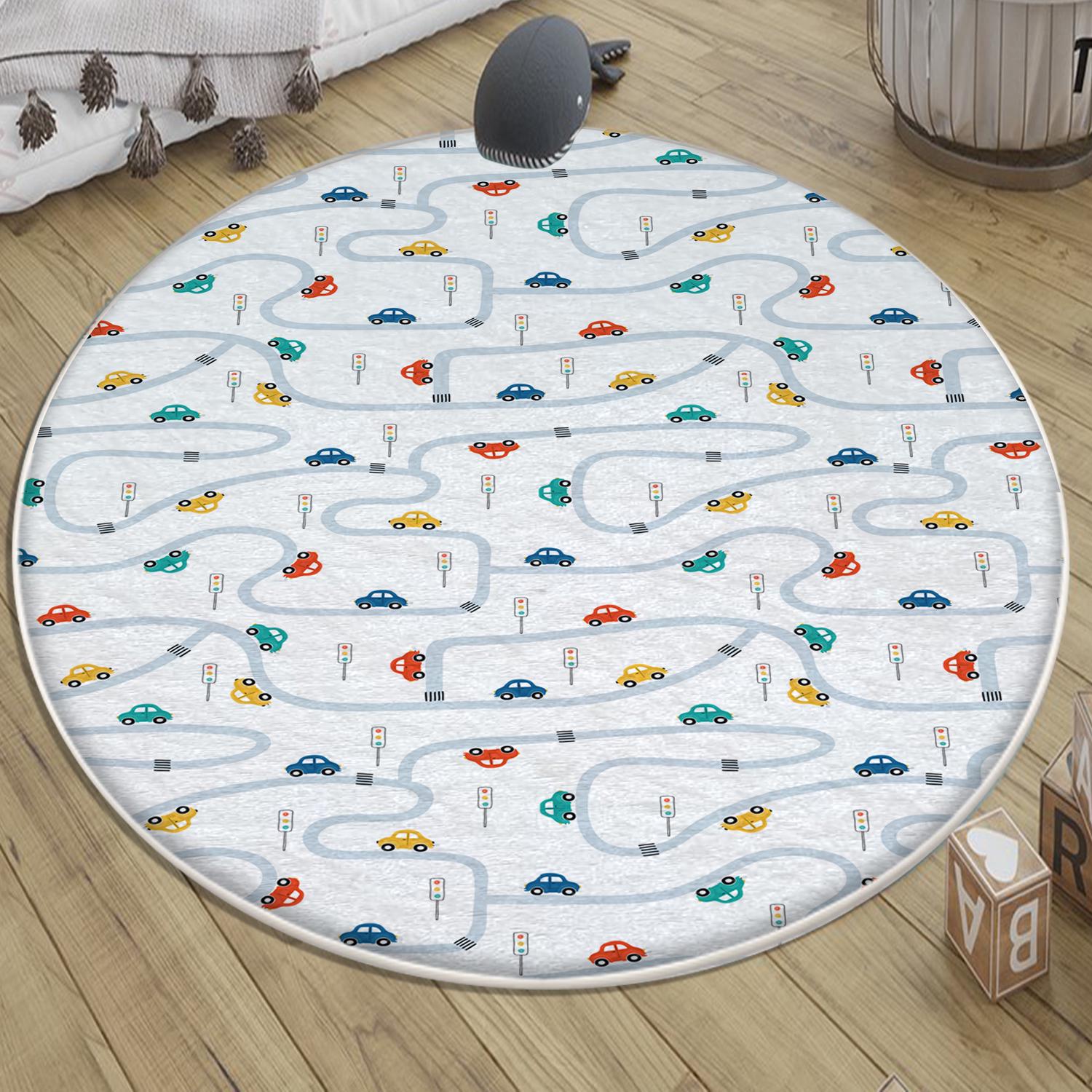 Play Mat for Kids - Round City Road Traffic Rug, Anti-Slip Toddler Nursery Carpet, Washable Playroom Rug with Pillowcase Gift