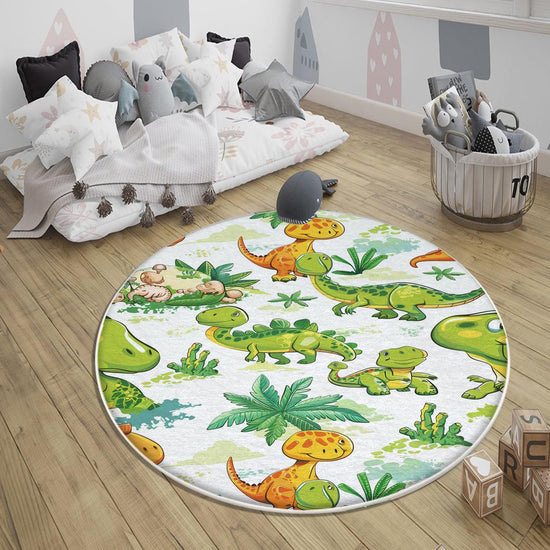 Round Dinosaurs Themed Nursery Room Rug, Washable Non-Slip Jurassic Rug Gift For Kids, Baby Room Gift, Kids Room Decor with pillow case gift