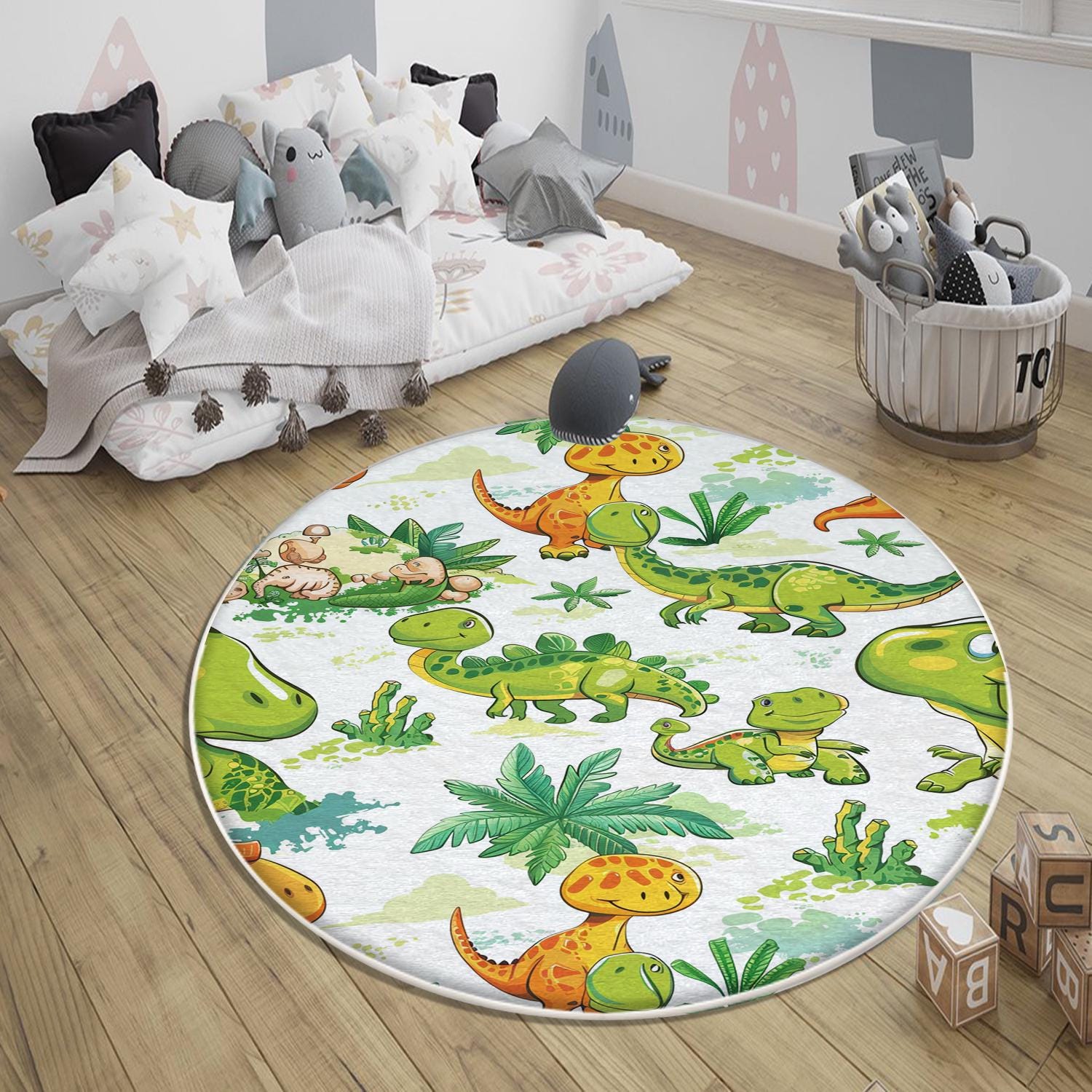 Round Dinosaurs Themed Nursery Room Rug, Washable Non-Slip Jurassic Rug Gift For Kids, Baby Room Gift, Kids Room Decor with pillow case gift