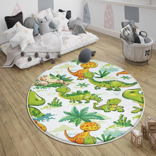 Round Dinosaurs Themed Nursery Room Rug, Washable Non-Slip Jurassic Rug Gift For Kids, Baby Room Gift, Kids Room Decor with pillow case gift