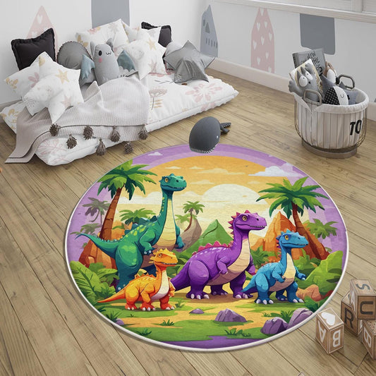 Round Dinosaurs Themed Nursery Room Rug, Washable Non-Slip Jurassic Rug Gift For Kids, Baby Room Gift, Kids Room Decor with pillow case gift