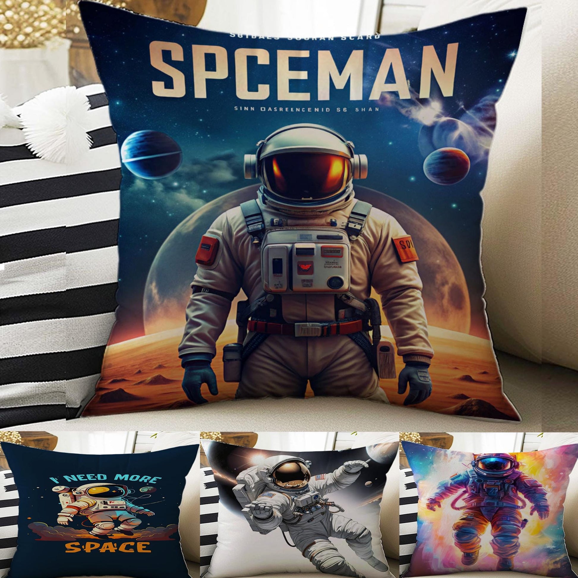 Cute Astronaut Pillow Covers for Kids Room & Playroom Decor, Bold Nursery Cushion Covers, Decorative Space Man Themed Throw Pillowcases