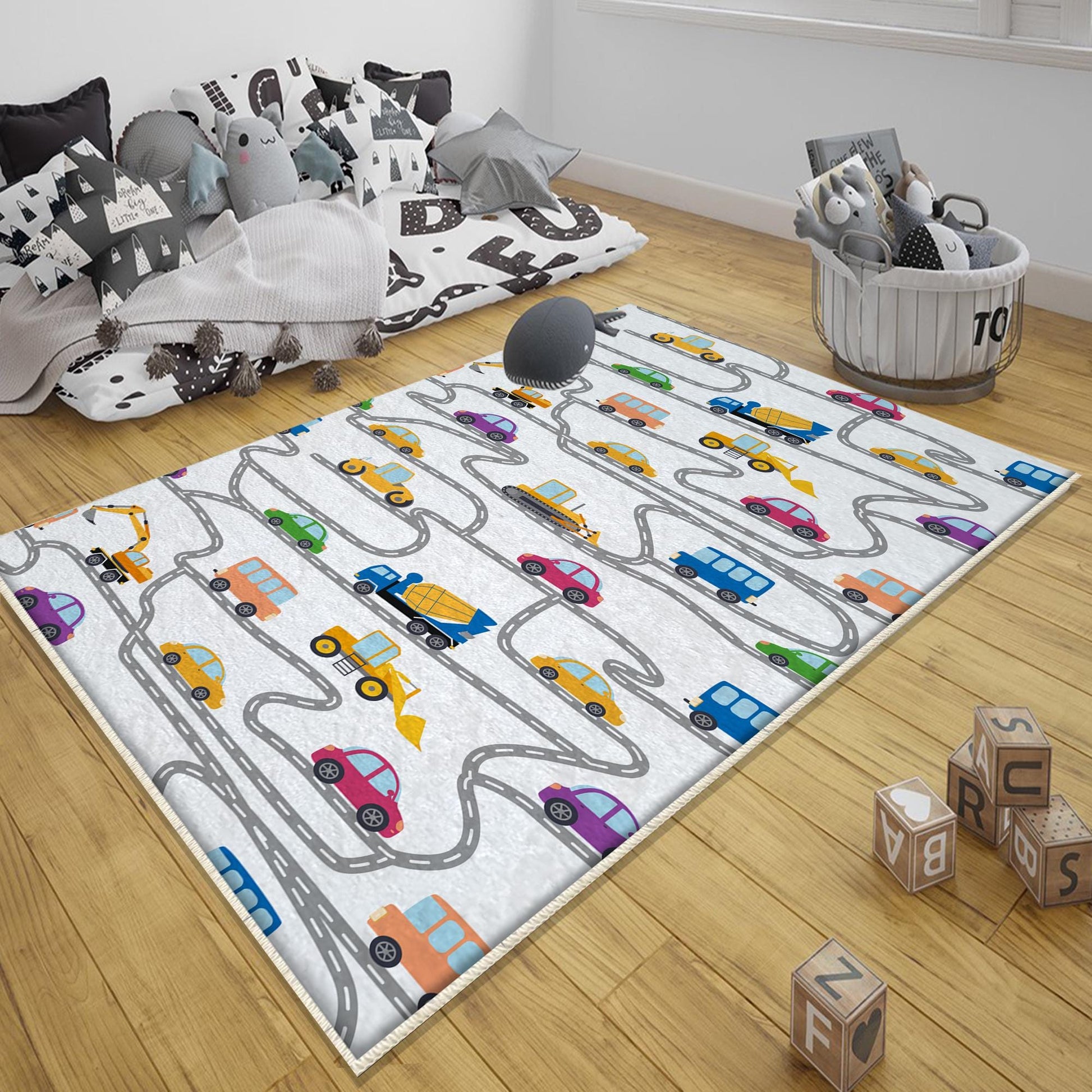 Round Road Construction Vehicles Kids Room Rug-Crane Bulldozer Excavator Mat-Heavy Equipment Playmat-Nursery Carpet with pillow case gift