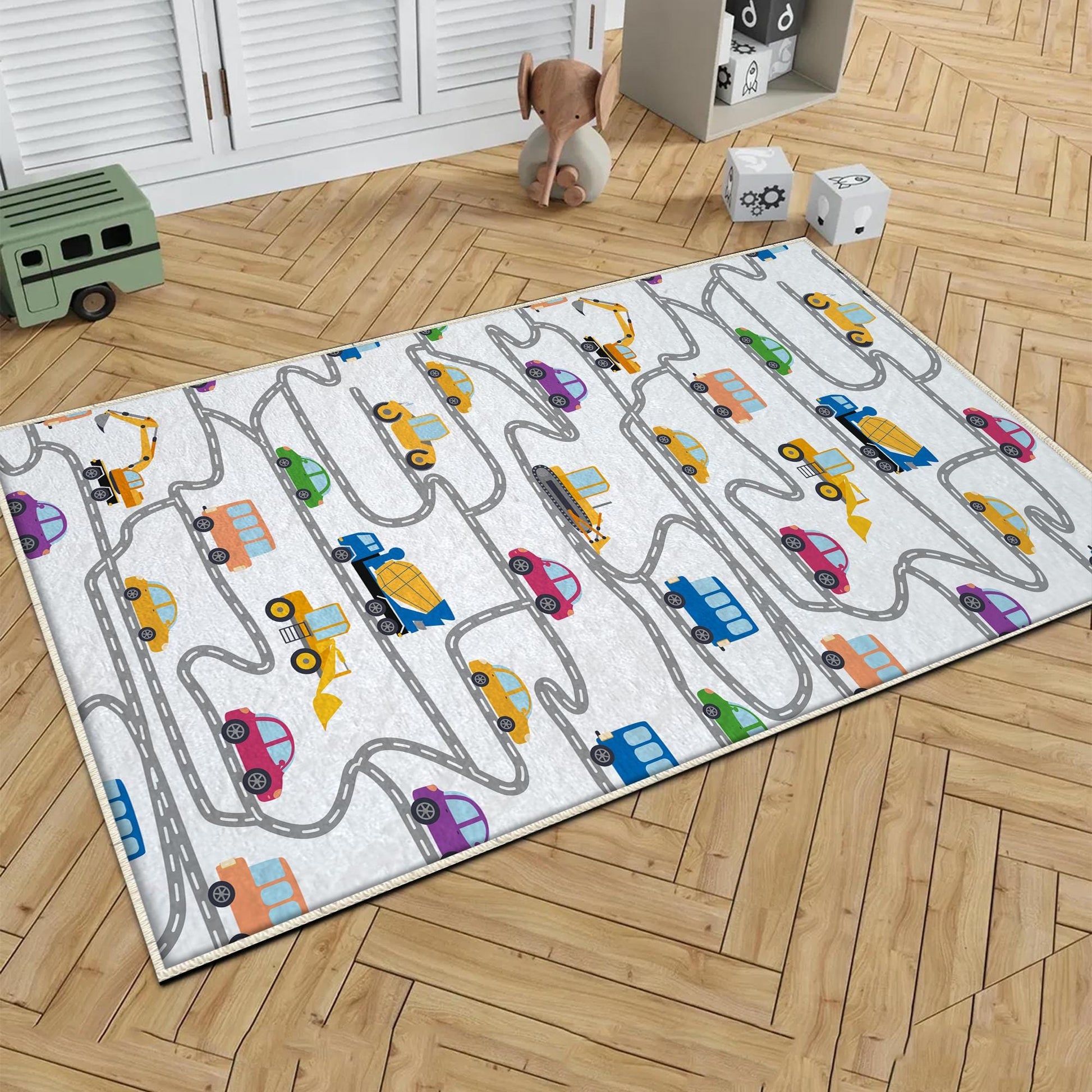Round Road Construction Vehicles Kids Room Rug-Crane Bulldozer Excavator Mat-Heavy Equipment Playmat-Nursery Carpet with pillow case gift